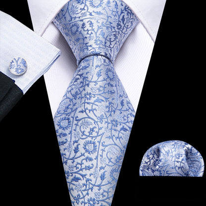 Blue White Paisley Tie, Pocket Square and Cufflinks Set tie sets    - Sophisticated Gentlemen