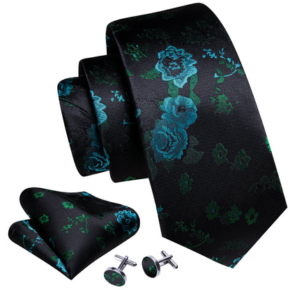 Black Green Roses Flower Tie, Pocket Square and Cufflinks Set tie sets    - Sophisticated Gentlemen
