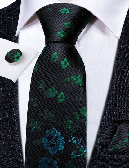 Black Green Roses Flower Tie, Pocket Square and Cufflinks Set tie sets    - Sophisticated Gentlemen