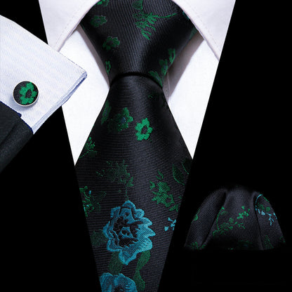 Black Green Roses Flower Tie, Pocket Square and Cufflinks Set tie sets    - Sophisticated Gentlemen