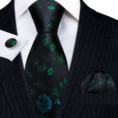 Black Green Roses Flower Tie, Pocket Square and Cufflinks Set tie sets    - Sophisticated Gentlemen