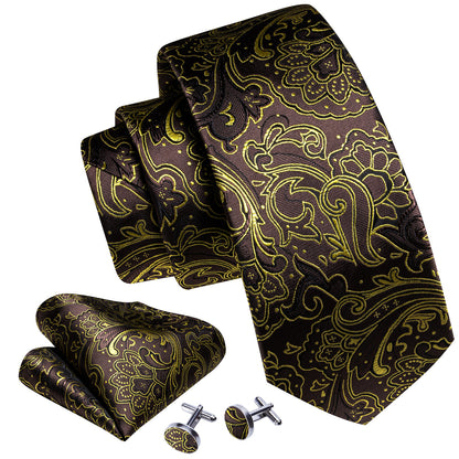 Brown Gold Paisley Tie, Pocket Square and Cufflinks Set tie sets    - Sophisticated Gentlemen