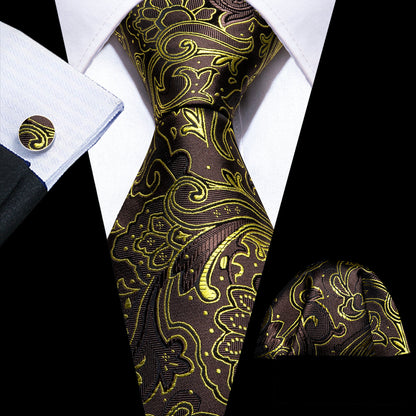 Brown Gold Paisley Tie, Pocket Square and Cufflinks Set tie sets    - Sophisticated Gentlemen