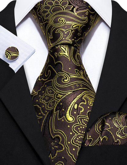 Brown Gold Paisley Tie, Pocket Square and Cufflinks Set tie sets    - Sophisticated Gentlemen