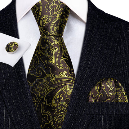 Brown Gold Paisley Tie, Pocket Square and Cufflinks Set tie sets    - Sophisticated Gentlemen