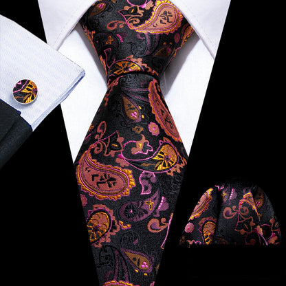 Orange Black Purple Paisley Tie, Pocket Square and Cufflinks Set tie sets    - Sophisticated Gentlemen