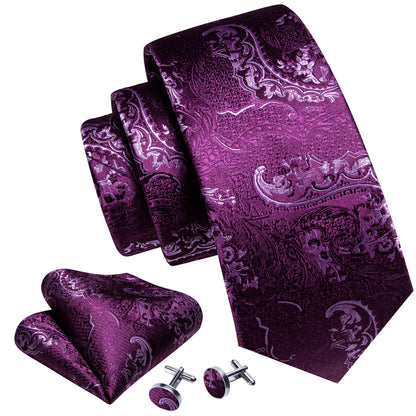 Purple Luxury Paisley Silk Tie, Pocket Square and Cufflinks Set tie sets    - Sophisticated Gentlemen