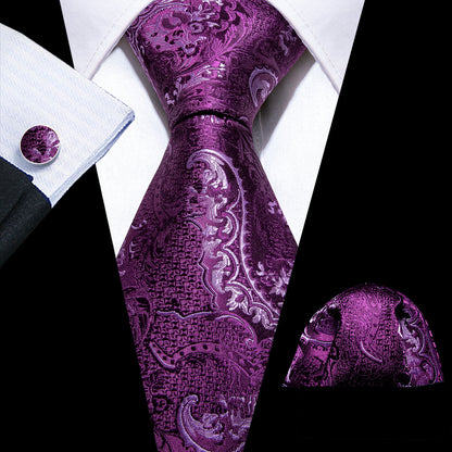 Purple Luxury Paisley Silk Tie, Pocket Square and Cufflinks Set tie sets    - Sophisticated Gentlemen