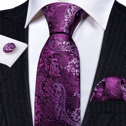 Purple Luxury Paisley Silk Tie, Pocket Square and Cufflinks Set tie sets    - Sophisticated Gentlemen