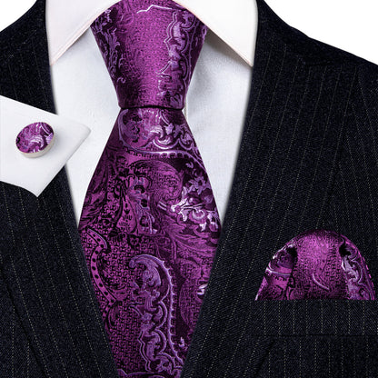 Purple Luxury Paisley Silk Tie, Pocket Square and Cufflinks Set tie sets    - Sophisticated Gentlemen