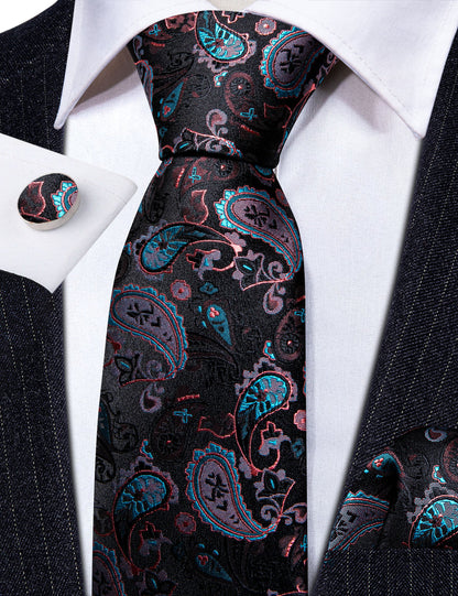 Black White Paisley Silk Tie, Pocket Square and Cufflinks Set tie sets    - Sophisticated Gentlemen