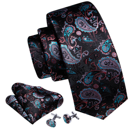 Black White Paisley Silk Tie, Pocket Square and Cufflinks Set tie sets    - Sophisticated Gentlemen