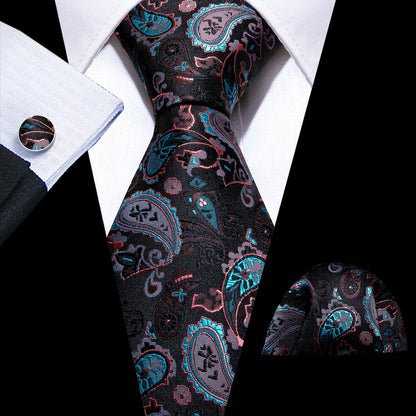 Black White Paisley Silk Tie, Pocket Square and Cufflinks Set tie sets    - Sophisticated Gentlemen