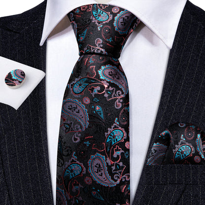 Black White Paisley Silk Tie, Pocket Square and Cufflinks Set tie sets    - Sophisticated Gentlemen