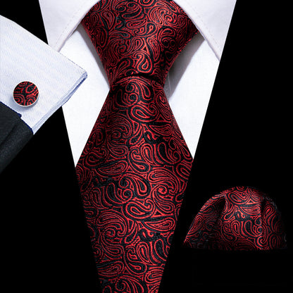 Maroon Black Paisley Silk Tie, Pocket Square and Cufflinks Set tie sets    - Sophisticated Gentlemen