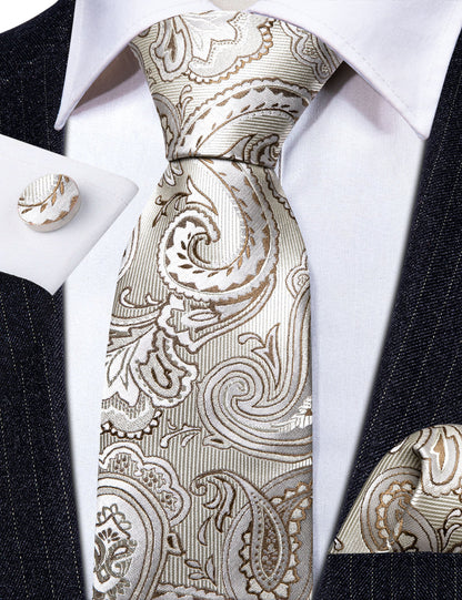 Silver White Paisley Silk Tie, Pocket Square and Cufflinks Set tie sets    - Sophisticated Gentlemen