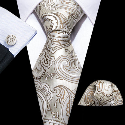 Silver White Paisley Silk Tie, Pocket Square and Cufflinks Set tie sets    - Sophisticated Gentlemen