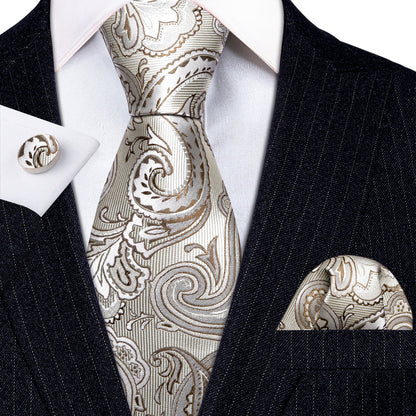 Silver White Paisley Silk Tie, Pocket Square and Cufflinks Set tie sets    - Sophisticated Gentlemen