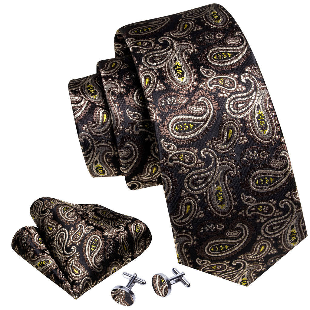 Brown Yellow Paisley Silk Tie, Pocket Square and Cufflinks Set tie sets    - Sophisticated Gentlemen
