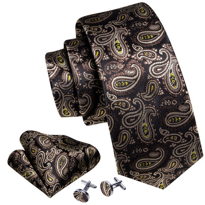Brown Yellow Paisley Silk Tie, Pocket Square and Cufflinks Set tie sets    - Sophisticated Gentlemen