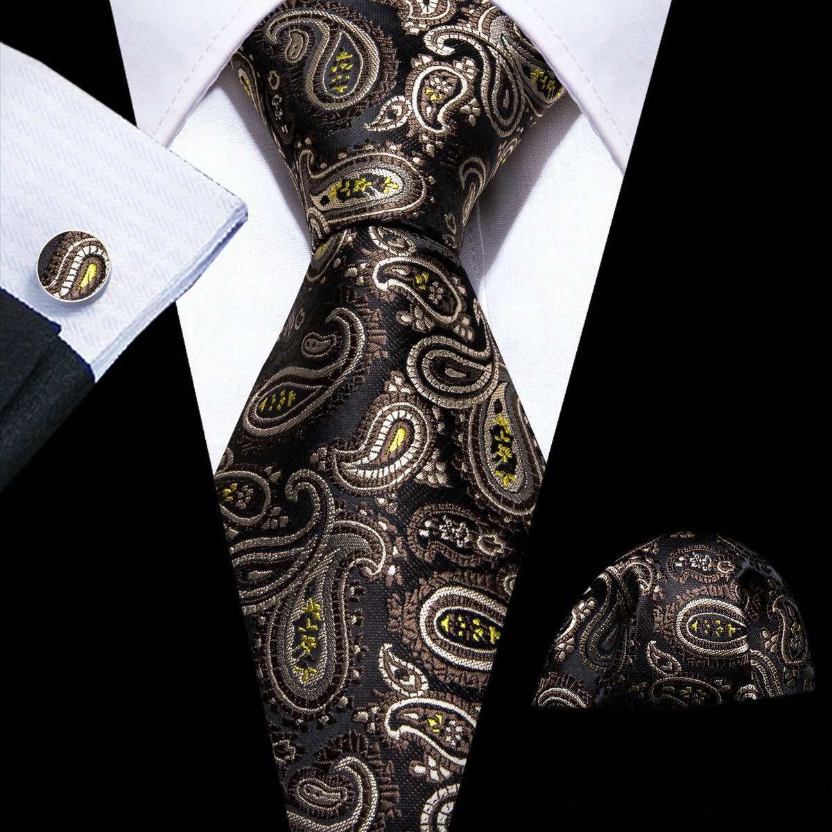 Brown Yellow Paisley Silk Tie, Pocket Square and Cufflinks Set tie sets    - Sophisticated Gentlemen
