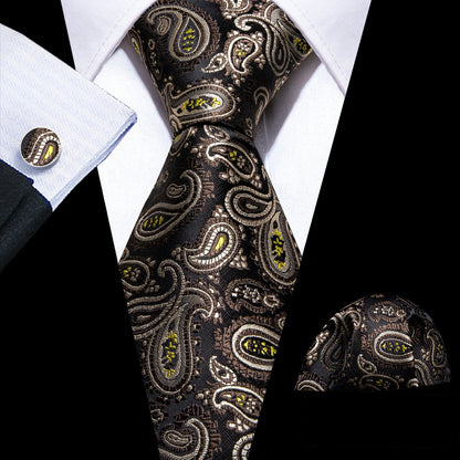 Brown Yellow Paisley Silk Tie, Pocket Square and Cufflinks Set tie sets    - Sophisticated Gentlemen