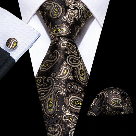 Brown Yellow Paisley Silk Tie, Pocket Square and Cufflinks Set tie sets    - Sophisticated Gentlemen