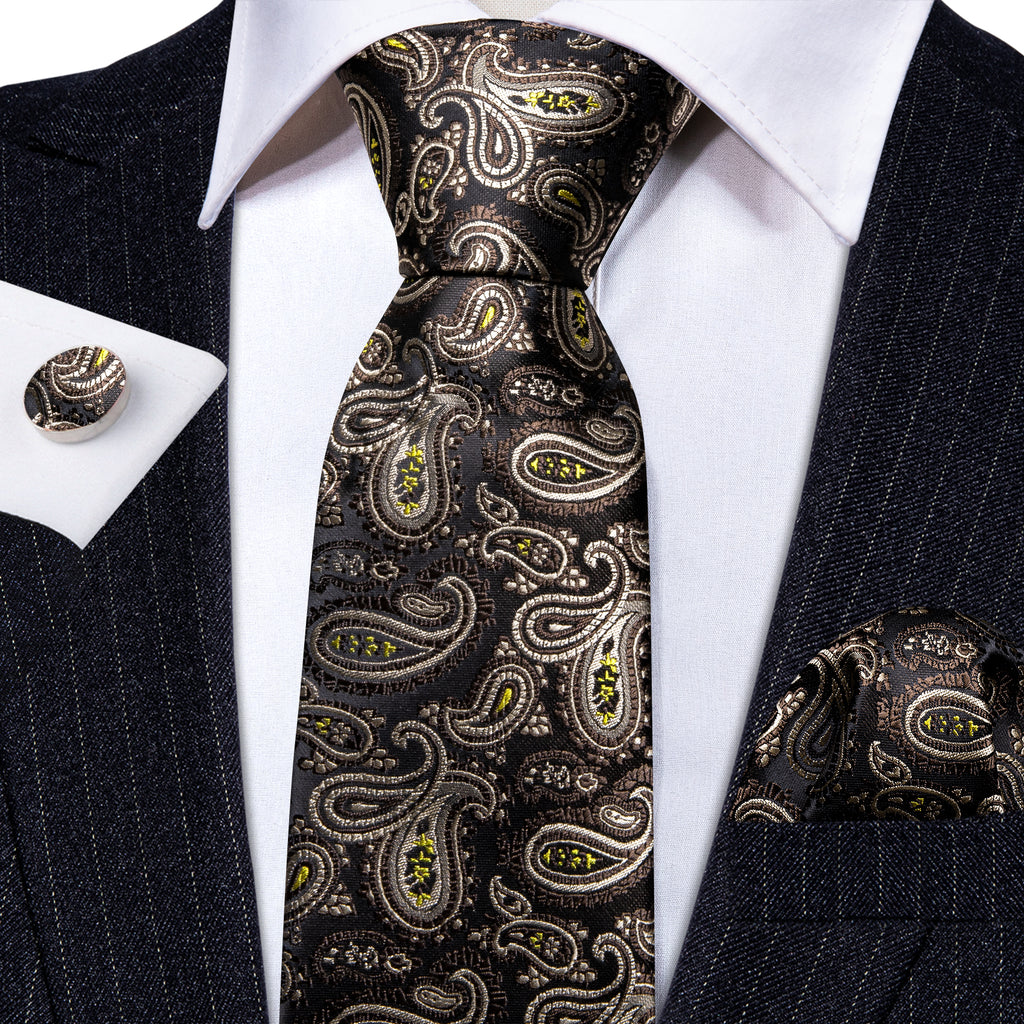 Brown Yellow Paisley Silk Tie, Pocket Square and Cufflinks Set tie sets    - Sophisticated Gentlemen