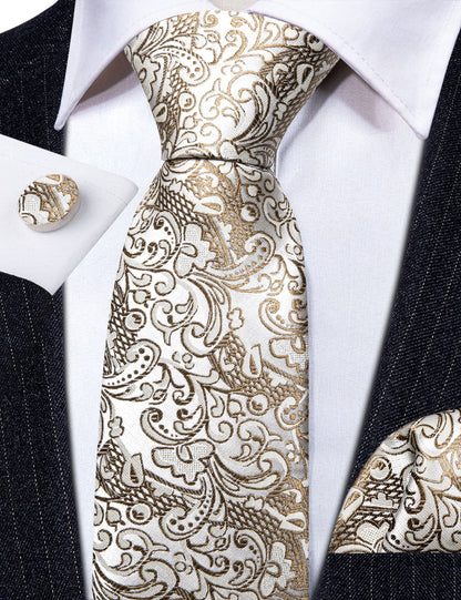 Gold White Paisley Silk Tie, Pocket Square and Cufflinks Set tie sets    - Sophisticated Gentlemen