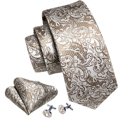 Gold White Paisley Silk Tie, Pocket Square and Cufflinks Set tie sets    - Sophisticated Gentlemen