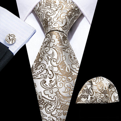 Gold White Paisley Silk Tie, Pocket Square and Cufflinks Set tie sets    - Sophisticated Gentlemen
