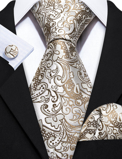Gold White Paisley Silk Tie, Pocket Square and Cufflinks Set tie sets    - Sophisticated Gentlemen