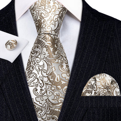 Gold White Paisley Silk Tie, Pocket Square and Cufflinks Set tie sets    - Sophisticated Gentlemen