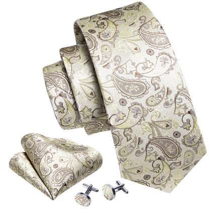 Light Yellow Paisley Silk Tie, Pocket Square and Cufflinks Set tie sets    - Sophisticated Gentlemen