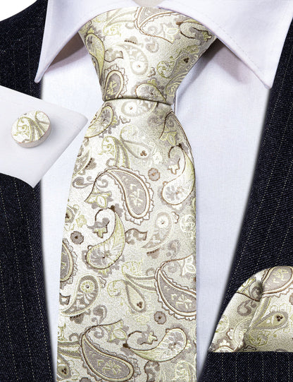 Light Yellow Paisley Silk Tie, Pocket Square and Cufflinks Set tie sets    - Sophisticated Gentlemen