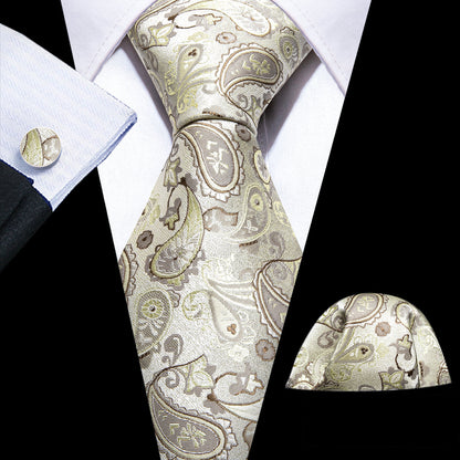 Light Yellow Paisley Silk Tie, Pocket Square and Cufflinks Set tie sets    - Sophisticated Gentlemen