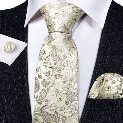 Light Yellow Paisley Silk Tie, Pocket Square and Cufflinks Set tie sets    - Sophisticated Gentlemen