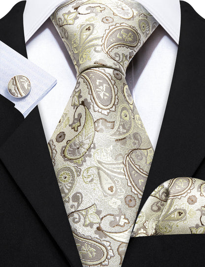 Light Yellow Paisley Silk Tie, Pocket Square and Cufflinks Set tie sets    - Sophisticated Gentlemen