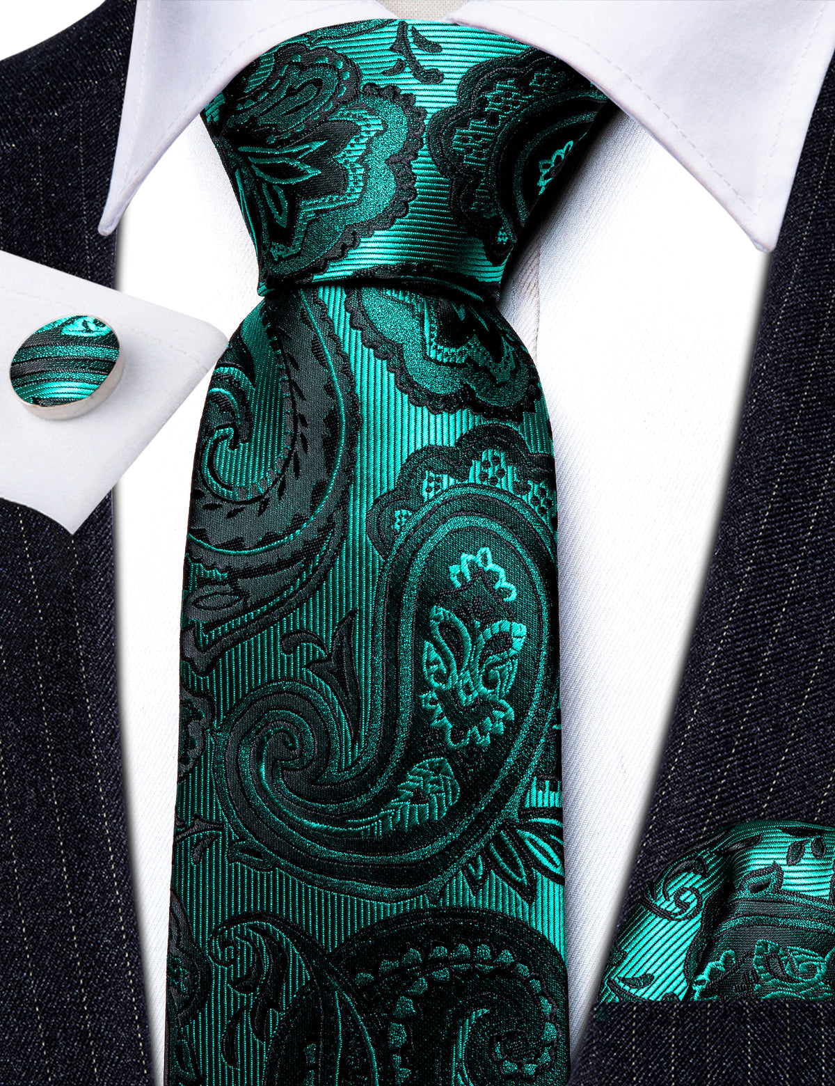 Teak Green Paisley Silk Tie, Pocket Square and Cufflinks Set tie sets    - Sophisticated Gentlemen