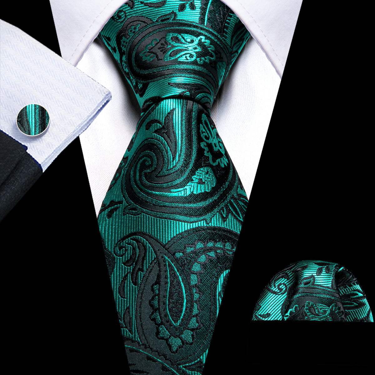 Teak Green Paisley Silk Tie, Pocket Square and Cufflinks Set tie sets    - Sophisticated Gentlemen
