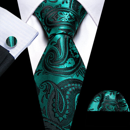 Teak Green Paisley Silk Tie, Pocket Square and Cufflinks Set tie sets    - Sophisticated Gentlemen