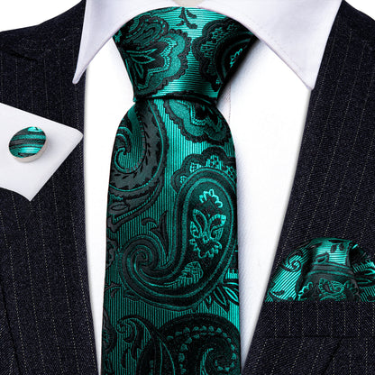 Teak Green Paisley Silk Tie, Pocket Square and Cufflinks Set tie sets    - Sophisticated Gentlemen
