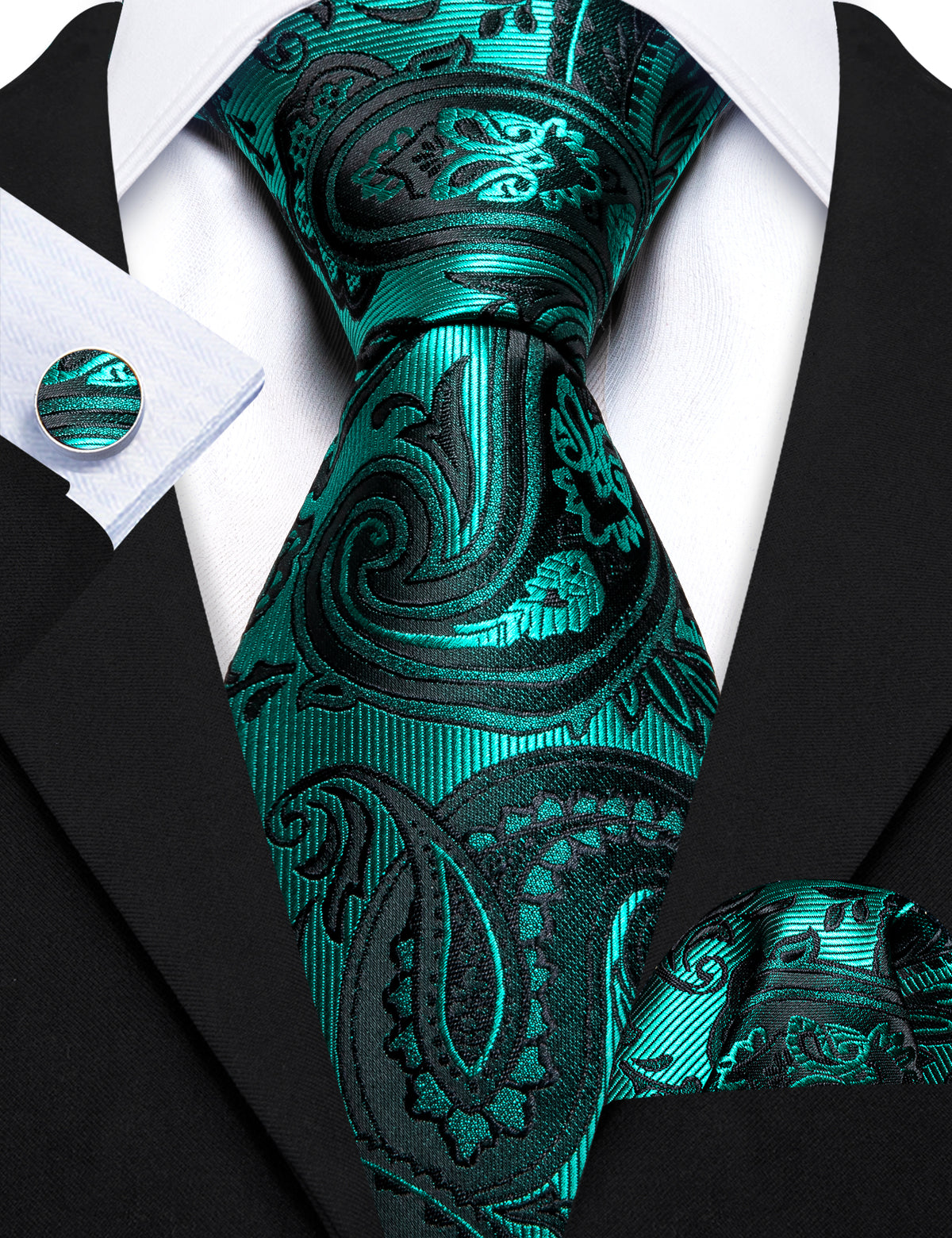 Teak Green Paisley Silk Tie, Pocket Square and Cufflinks Set tie sets    - Sophisticated Gentlemen