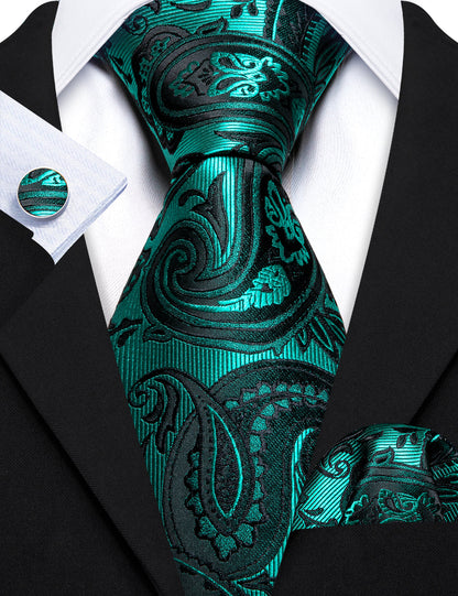 Teak Green Paisley Silk Tie, Pocket Square and Cufflinks Set tie sets    - Sophisticated Gentlemen