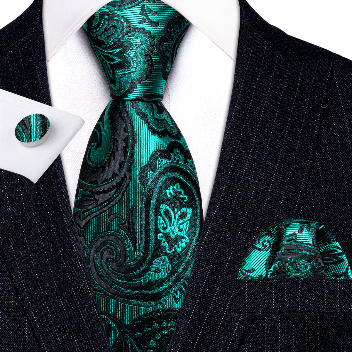 Teak Green Paisley Silk Tie, Pocket Square and Cufflinks Set tie sets    - Sophisticated Gentlemen