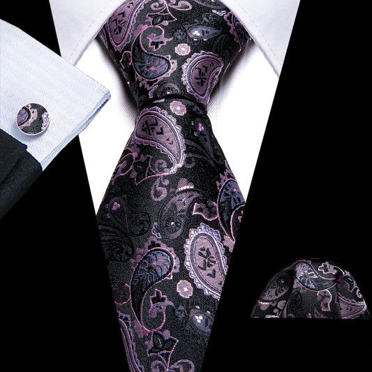 Black Pink Paisley Silk Tie, Pocket Square and Cufflinks Set tie sets    - Sophisticated Gentlemen