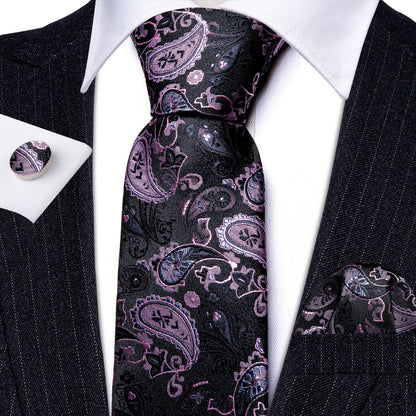 Black Pink Paisley Silk Tie, Pocket Square and Cufflinks Set tie sets    - Sophisticated Gentlemen