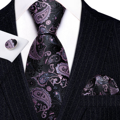 Black Pink Paisley Silk Tie, Pocket Square and Cufflinks Set tie sets    - Sophisticated Gentlemen