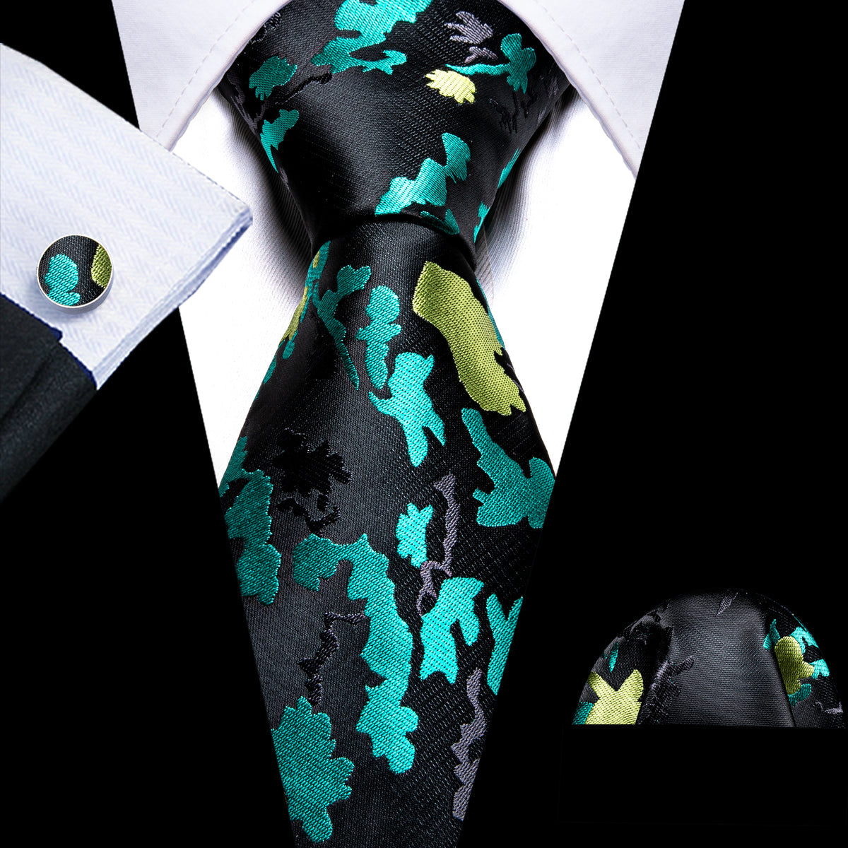 Black Blue Novetly Floral Silk Tie, Pocket Square and Cufflinks Set tie sets    - Sophisticated Gentlemen