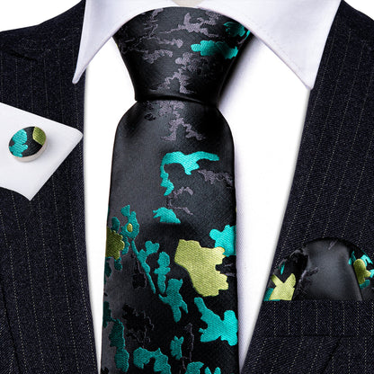 Black Blue Novetly Floral Silk Tie, Pocket Square and Cufflinks Set tie sets    - Sophisticated Gentlemen